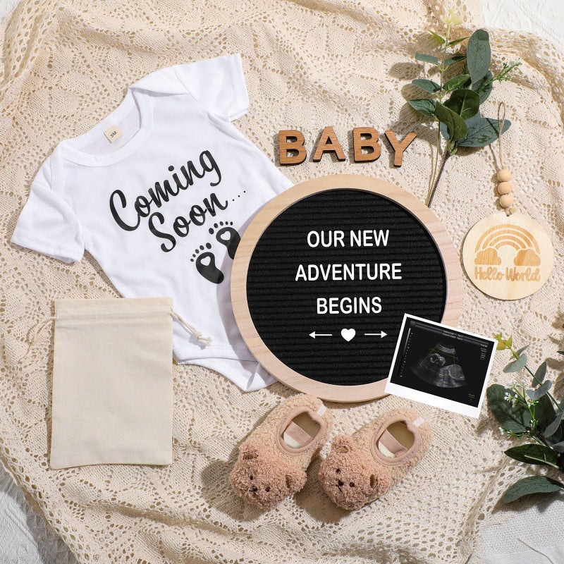Canlierr 8 Pcs Pregnancy Announcement Set Pregnancy Reveal Ideas Include Felt Letter Round Board Kit Baby Bodysuit Booties Wood Blocks Wooden Signs for Coming Soon Baby AnnouncementBlack - Image 2