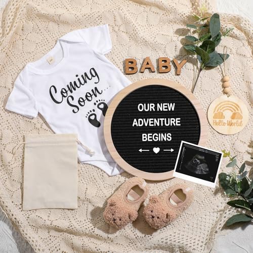 Canlierr 8 Pcs Pregnancy Announcement Set Pregnancy Reveal Ideas Include Felt Letter Round Board Kit Baby Bodysuit Booties Wood Blocks Wooden Signs for Coming Soon Baby AnnouncementBlack - Image 1