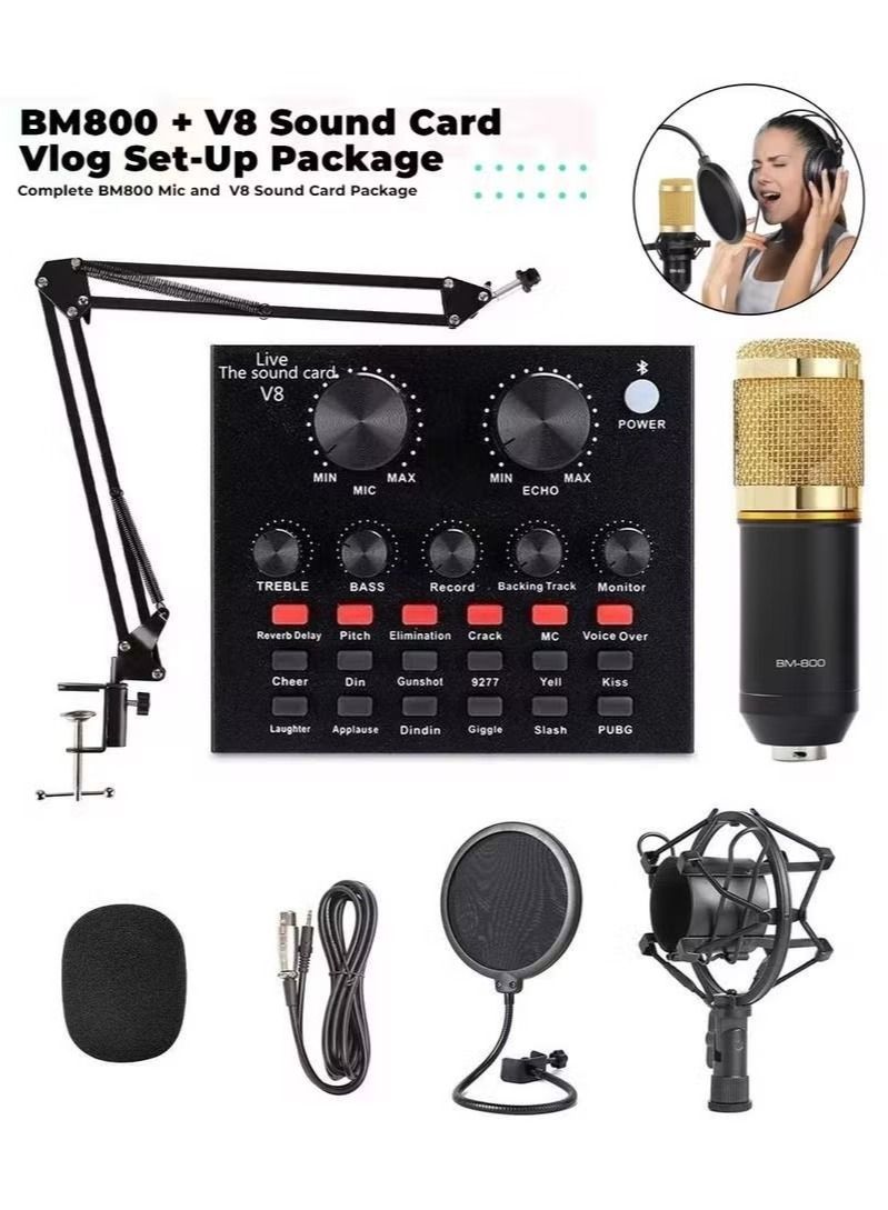 Zaboon BM800 Professional Condenser Microphone Bundle Mic Kit with V8 Audio Sound Card And Metal Stand For Live Streaming Recording Broadcasting  - Image 1