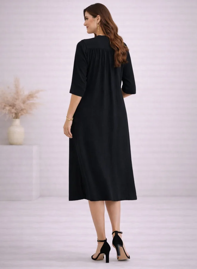 Take Two Black Notch Neck Midi Dress with Side Pocket By Lazzycat