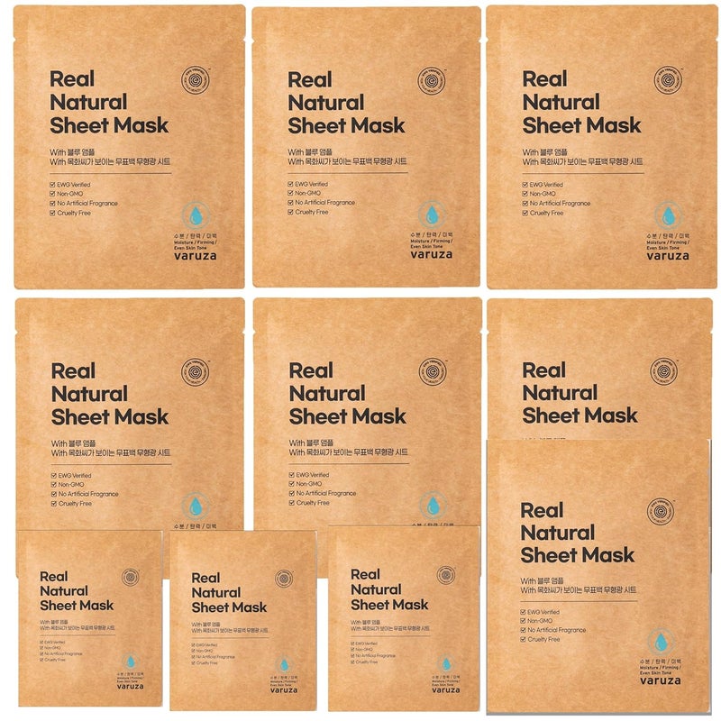 varuza Real Natural Sheet Mask  EWG VERIFIED Vegan Face Mask for Hydration NonGMO No Artificial Fragrance Made in Korea 10 PACK BLUE AMPOULE