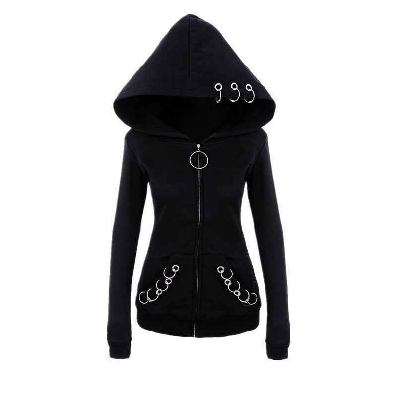 2023 Casual Hooded Sweatshirt with Iron Ring Black