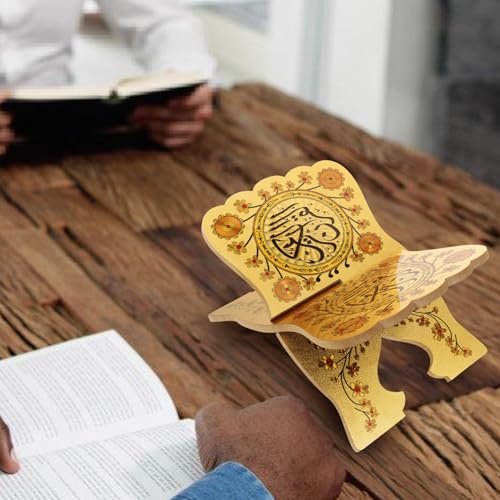 Milisten Wooden Book Stand Vintage Ramadan Quran Holder Folding Bible Display Stand Decorative Islamic Eid Mubarak Bookshelf Organizer for Reading Prayer Chapel Golden - Image 3