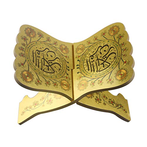 Milisten Wooden Book Stand Vintage Ramadan Quran Holder Folding Bible Display Stand Decorative Islamic Eid Mubarak Bookshelf Organizer for Reading Prayer Chapel Golden - Image 1