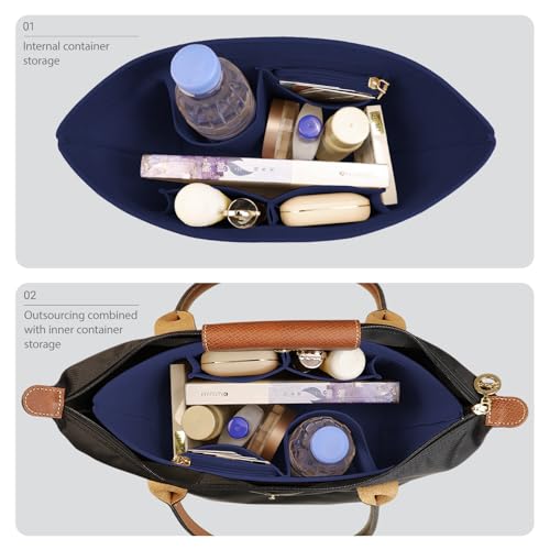 Lckaey Purse Organizer Insert For Longchamp Le Pliage Inserts With Zipper Handbag Felt Insert Tote Bag Organizador Y012-navyblue-L - Image 3