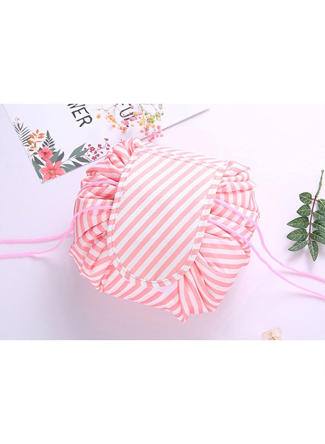 MARGOUN Make up Bag Drawstring Travel Cosmetic Bag Round Magic Toiletry Beauty Kit Pouch Striped Pink  - Image 1