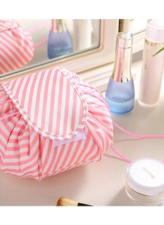 MARGOUN Make up Bag Drawstring Travel Cosmetic Bag Round Magic Toiletry Beauty Kit Pouch Striped Pink  - Image 3