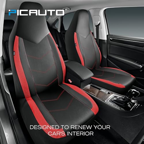 PIC AUTO Leather Car Seat Covers Sports Carbon Fiber Mesh Design HighBack Two Front Set Waterproof Automotive Seat Covers Airbag Compatible Universal Fit for Most Cars Black Red - Image 3