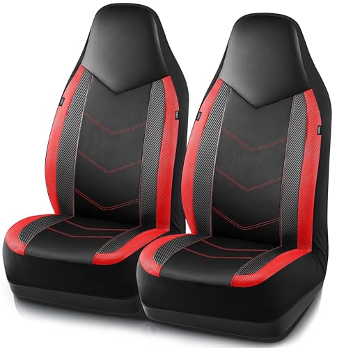 PIC AUTO Leather Car Seat Covers Sports Carbon Fiber Mesh Design HighBack Two Front Set Waterproof Automotive Seat Covers Airbag Compatible Universal Fit for Most Cars Black Red - Image 1