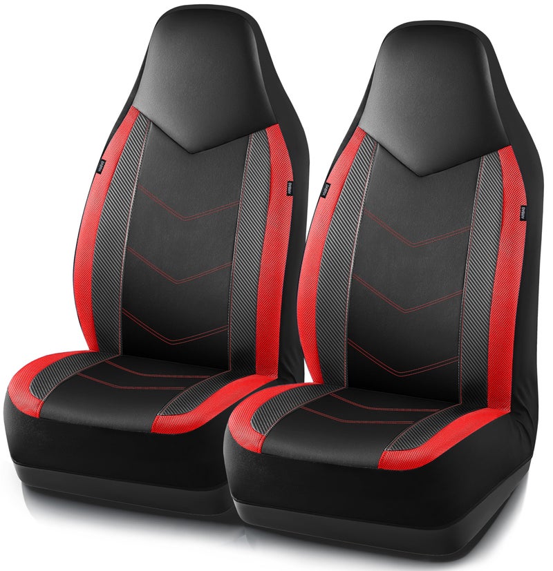PIC AUTO Leather Car Seat Covers Sports Carbon Fiber Mesh Design HighBack Two Front Set Waterproof Automotive Seat Covers Airbag Compatible Universal Fit for Most Cars Black Red - Image 2