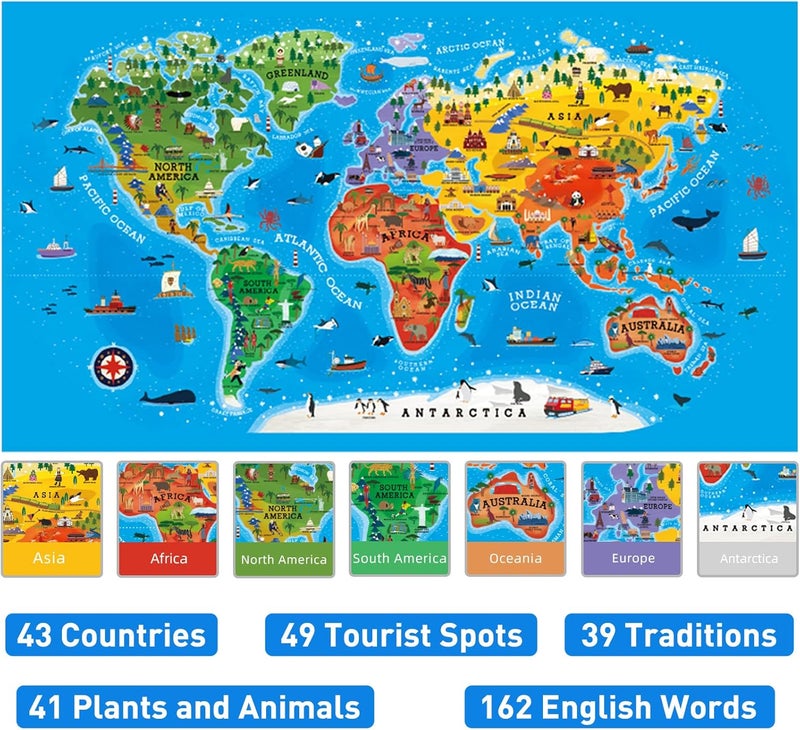 MiDeer World Map Puzzle for Kids Ages 4-8, 100 Piece Floor Jigsaw Puzzle for Toddlers with Continents, Geography Educational Toys for Boys Girls, Globe Atlas Preschool Learning Game for Kids Ages 4-6 - Image 3