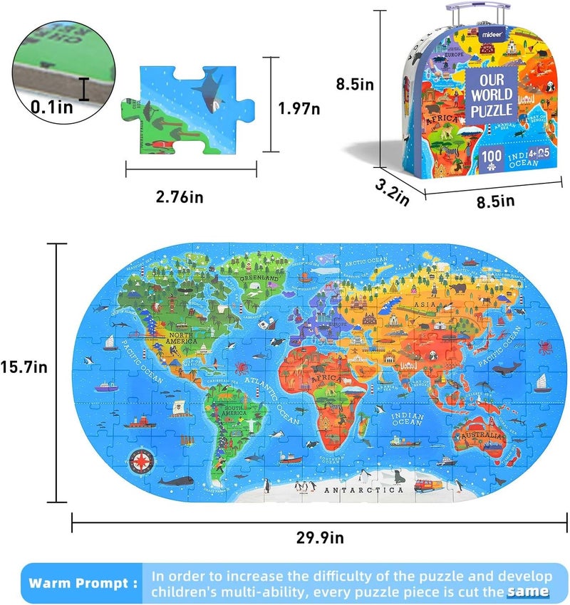 MiDeer World Map Puzzle for Kids Ages 4-8, 100 Piece Floor Jigsaw Puzzle for Toddlers with Continents, Geography Educational Toys for Boys Girls, Globe Atlas Preschool Learning Game for Kids Ages 4-6 - Image 2