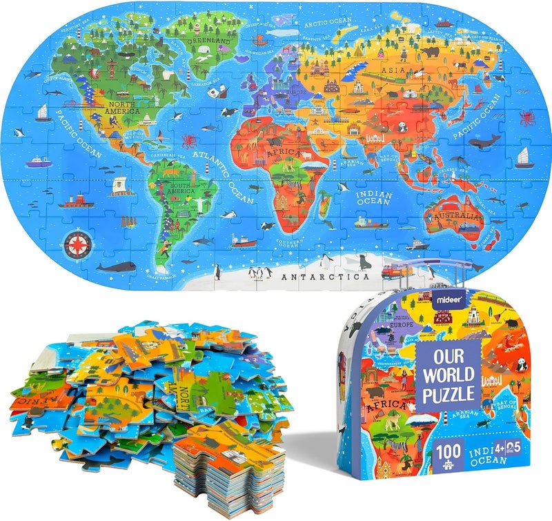 MiDeer World Map Puzzle for Kids Ages 4-8, 100 Piece Floor Jigsaw Puzzle for Toddlers with Continents, Geography Educational Toys for Boys Girls, Globe Atlas Preschool Learning Game for Kids Ages 4-6 - Image 1