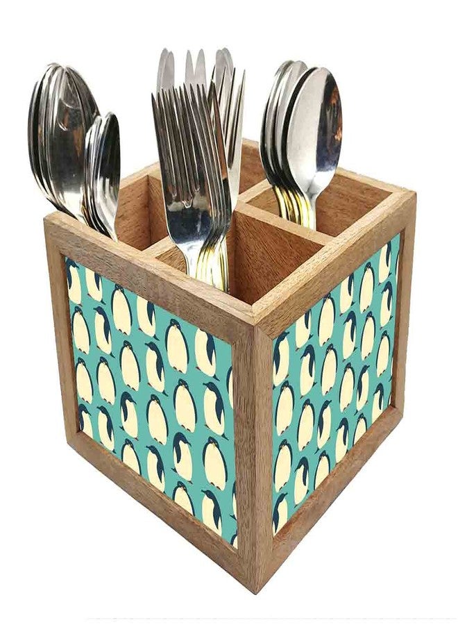 Nutcase Wooden Cutlery Stand Holder Silverware Caddy Spoons Forks Knives Organizer for Dining Table & Kitchen -Made in India-Spoons NOT Included - Pengwin - Image 1