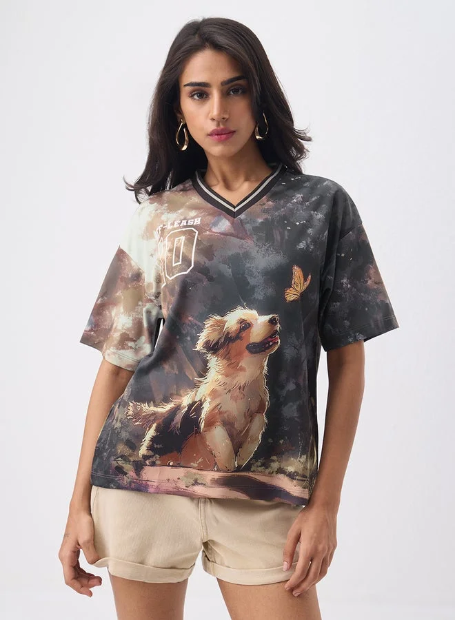 The Souled Store Multi Dog Print Oversized Jersey T-Shirt