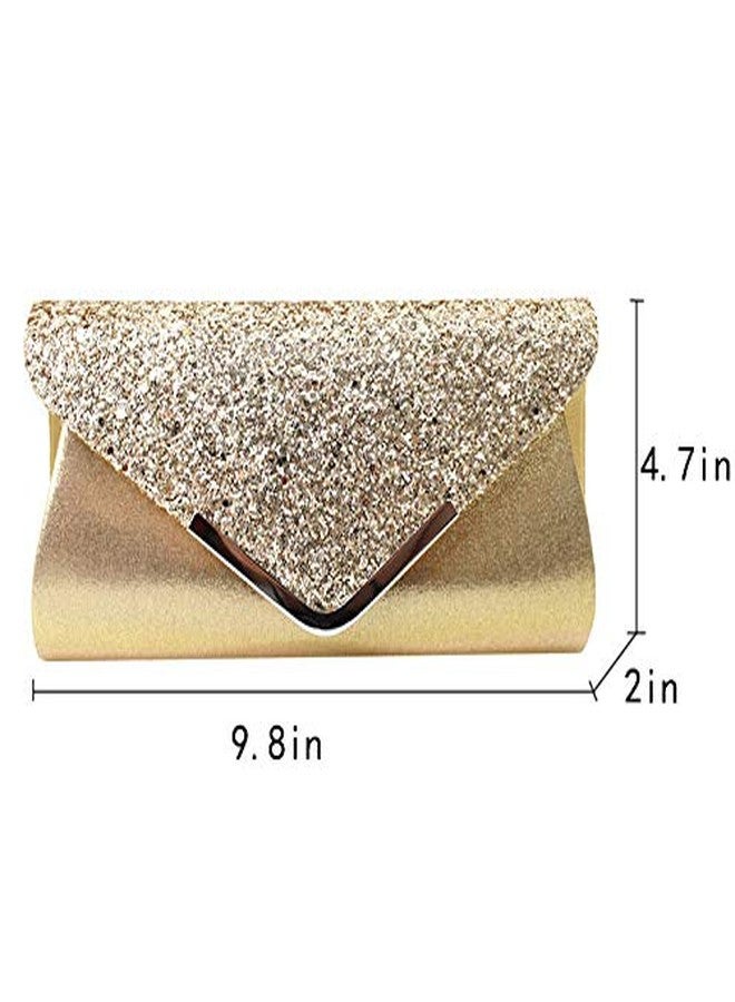 Queena Womens Shiny Glitter Evening Clutch Envelope Handbag Chain Purse for Wedding Party Prom Gift for Mom Wife Girlfriend Gold - Image 2