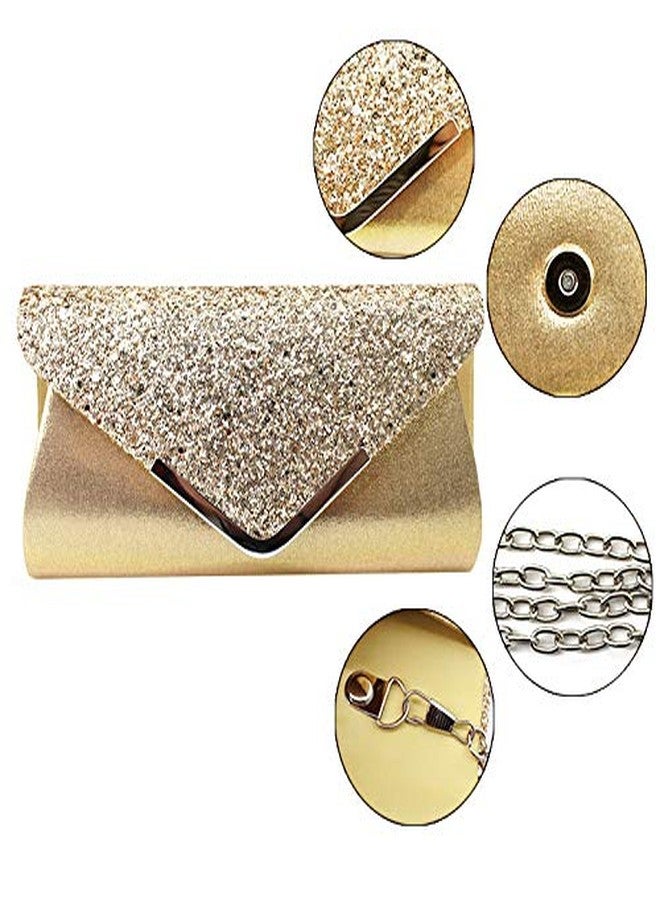 Queena Womens Shiny Glitter Evening Clutch Envelope Handbag Chain Purse for Wedding Party Prom Gift for Mom Wife Girlfriend Gold - Image 5