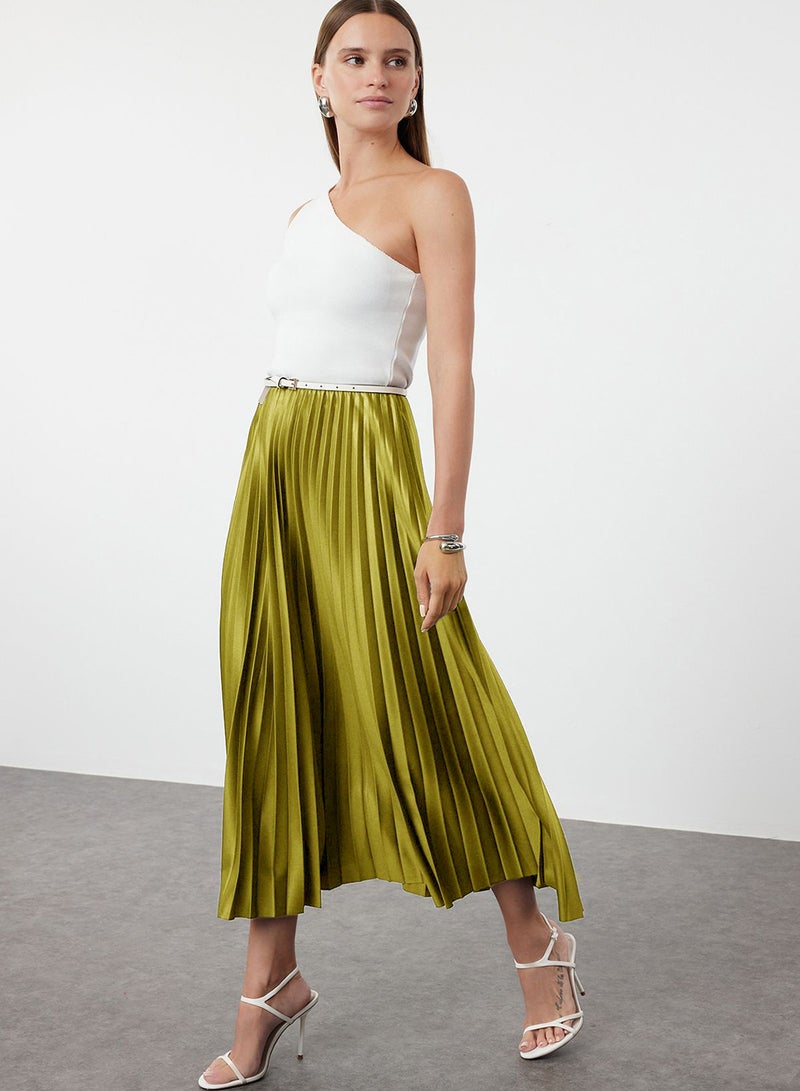 trendyol Oil Green Pleated Maxi Skirt - Image 3