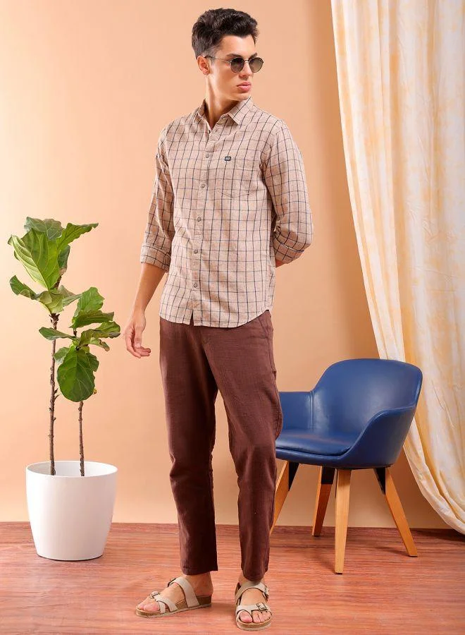 شركة المرآب الهندية Men Slim Fit Checkered Full Sleeves Cutaway Collar Casual Shirt