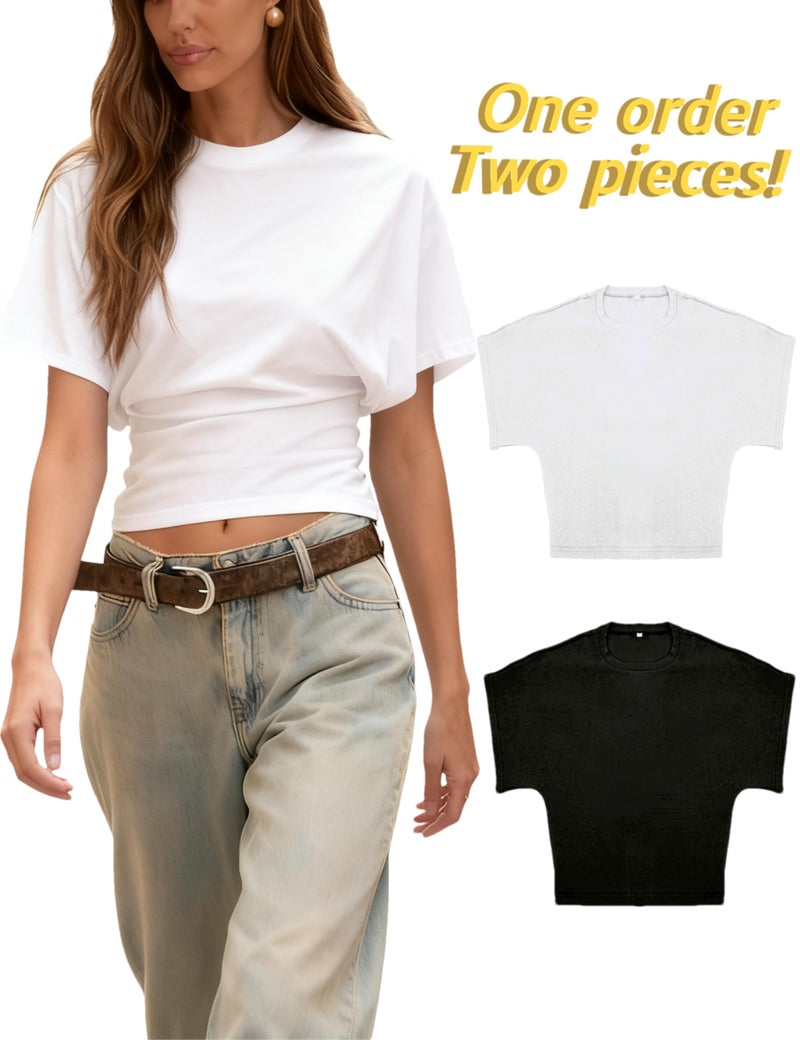 Lumister Shirts for Womens Crewneck Waist T-Shirt Casual Short Sleeve Workout Tops Solid Color Basic Tees(0781-2-BlackWhite-S) - Image 2