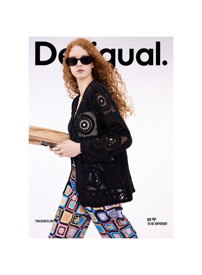 DESIGUAL بلوزة نسائية جديدة من القطن الخالص مع لوحات كروشيه لربيع-صيف 2025 - Image 2