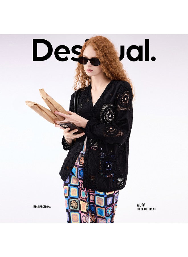 DESIGUAL بلوزة نسائية جديدة من القطن الخالص مع لوحات كروشيه لربيع-صيف 2025 - Image 4