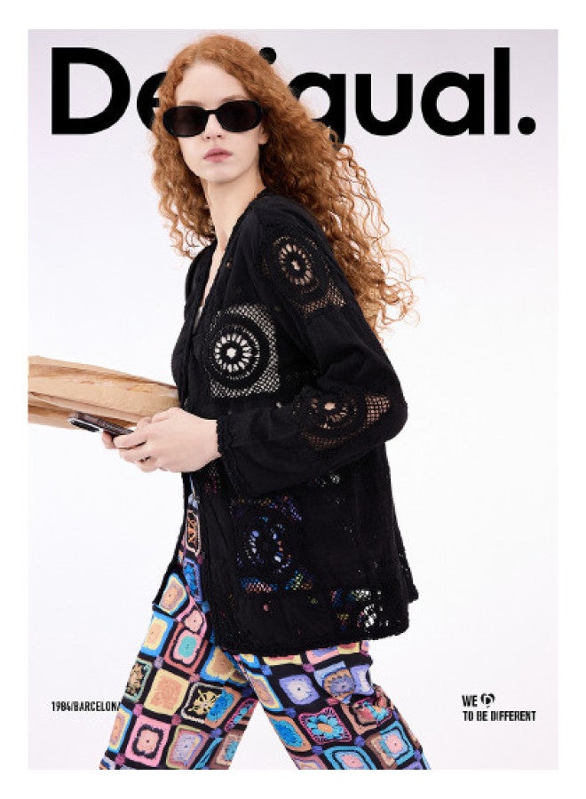 DESIGUAL بلوزة نسائية جديدة من القطن الخالص مع لوحات كروشيه لربيع-صيف 2025 - Image 1