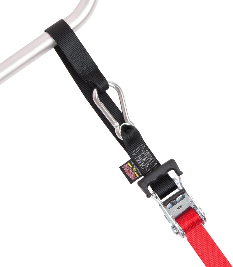 PowerTye Heavy Duty Ratchet Tie-Down Straps - 1.5in x 10ft with Soft-Tye and Carabiner Hooks - Red/Black Pair - Image 2
