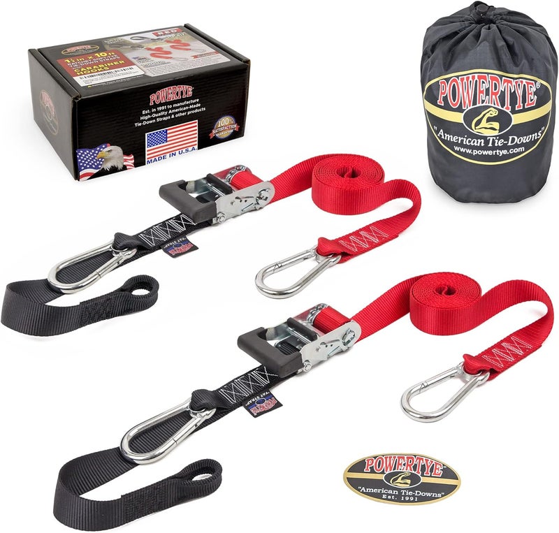 PowerTye Heavy Duty Ratchet Tie-Down Straps - 1.5in x 10ft with Soft-Tye and Carabiner Hooks - Red/Black Pair - Image 1