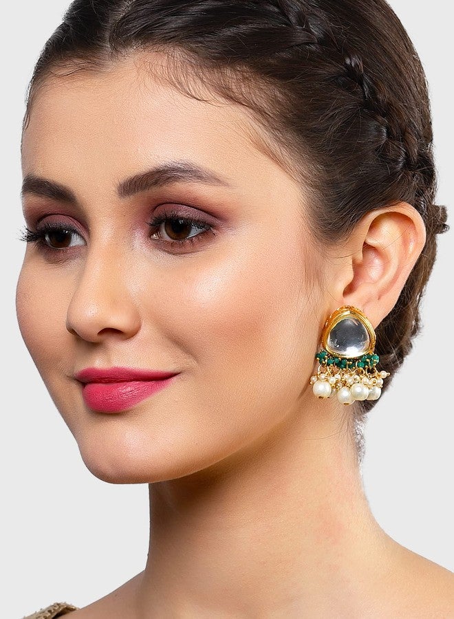 كارات كارت أقراط مرصعة بالكريستال الأخضر واللؤلؤ من كارات كارت للنساء، مطلية بالذهب، من تصميم بولكي كوندان - Image 2