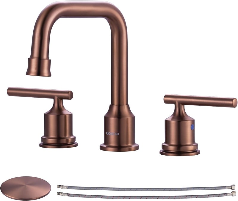 WOWOW Widespread Bathroom Faucet 3 Holes Bathroom Sink Faucet 2 Handle Vanity Faucet with Pop up Drain and Supply Lines Farmhouse Basin Tap 8 Inch Rose Gold - Image 1