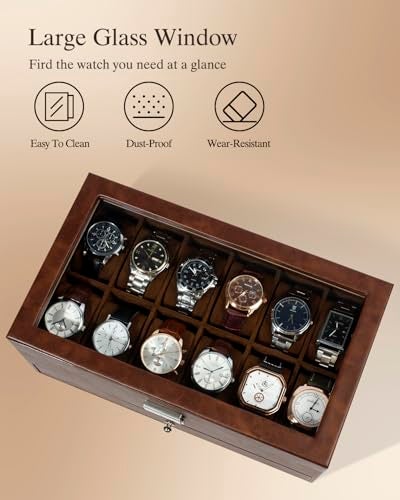 GUKA Watch Box 12 Slot Watch Display Organizer Leather Jewelry Case Drawer Glass Birthday for Men Women, Child Husband Dad GK-012-BROWN-LED-24 - Image 4