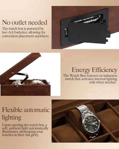 GUKA Watch Box 12 Slot Watch Display Organizer Leather Jewelry Case Drawer Glass Birthday for Men Women, Child Husband Dad GK-012-BROWN-LED-24 - Image 5