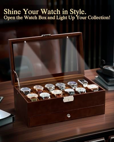 GUKA Watch Box 12 Slot Watch Display Organizer Leather Jewelry Case Drawer Glass Birthday for Men Women, Child Husband Dad GK-012-BROWN-LED-24 - Image 2
