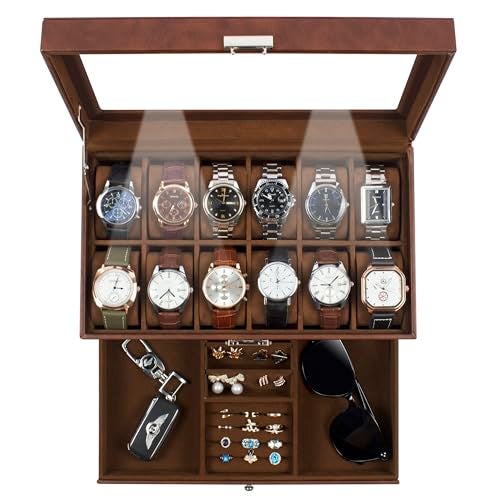 GUKA Watch Box 12 Slot Watch Display Organizer Leather Jewelry Case Drawer Glass Birthday for Men Women, Child Husband Dad GK-012-BROWN-LED-24 - Image 1