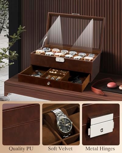 GUKA Watch Box 12 Slot Watch Display Organizer Leather Jewelry Case Drawer Glass Birthday for Men Women, Child Husband Dad GK-012-BROWN-LED-24 - Image 3