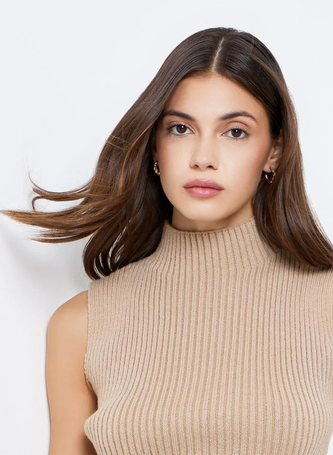 Take Two  Take Two Beige Ribbed Mock Neck Sweater for Women | Best Price UAE