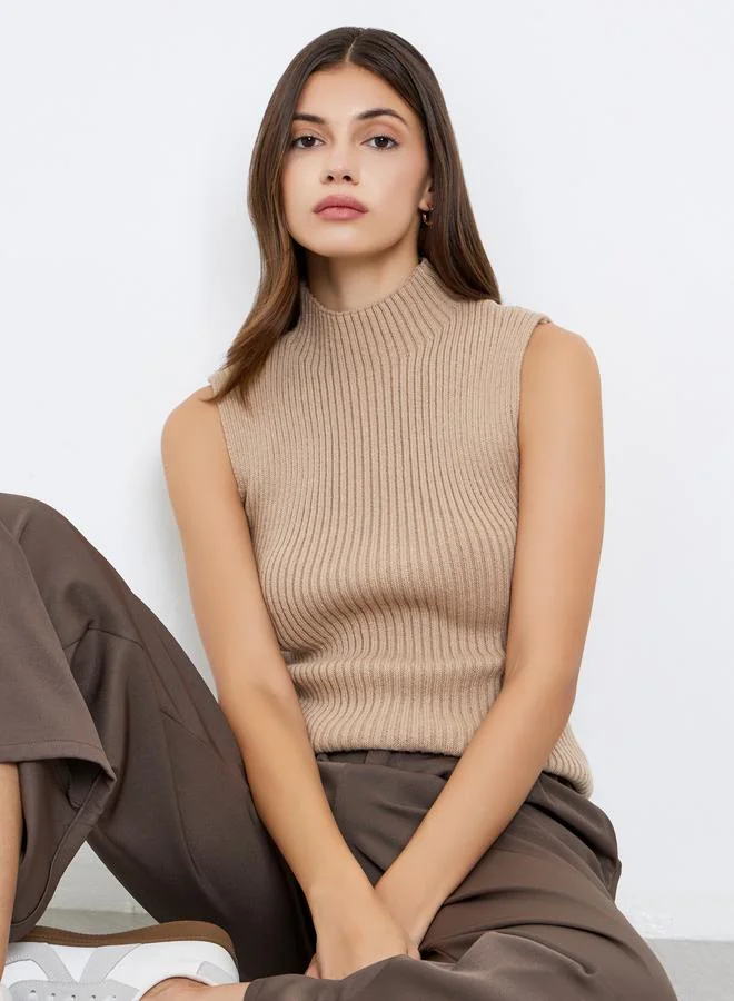 Take Two Take Two Beige Ribbed Mock Neck Sweater