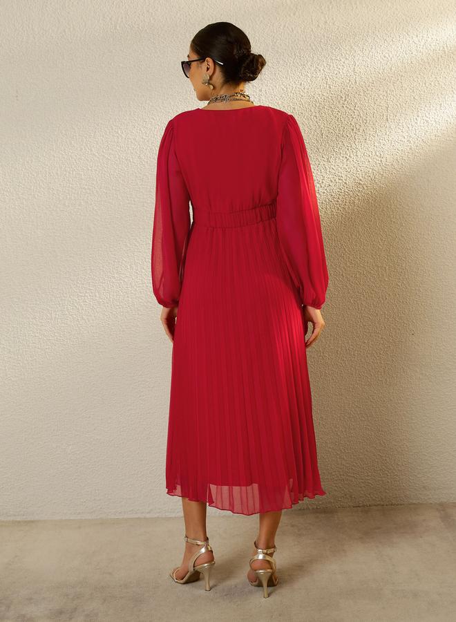 SASSAFRAS Red Balloon Sleeve Pleated Midi Dress - Image 5