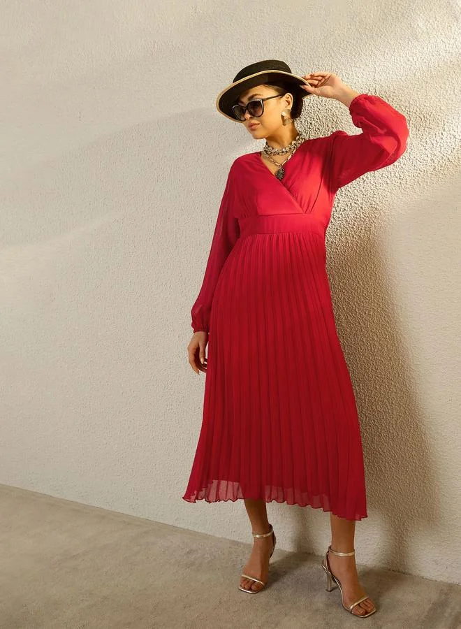 ساسافراس Red Balloon Sleeve Pleated Midi Dress