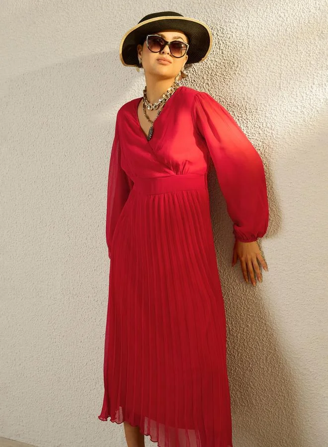 Sassafras red Red Balloon Sleeve Pleated Midi Dress for Women | Best Price UAE