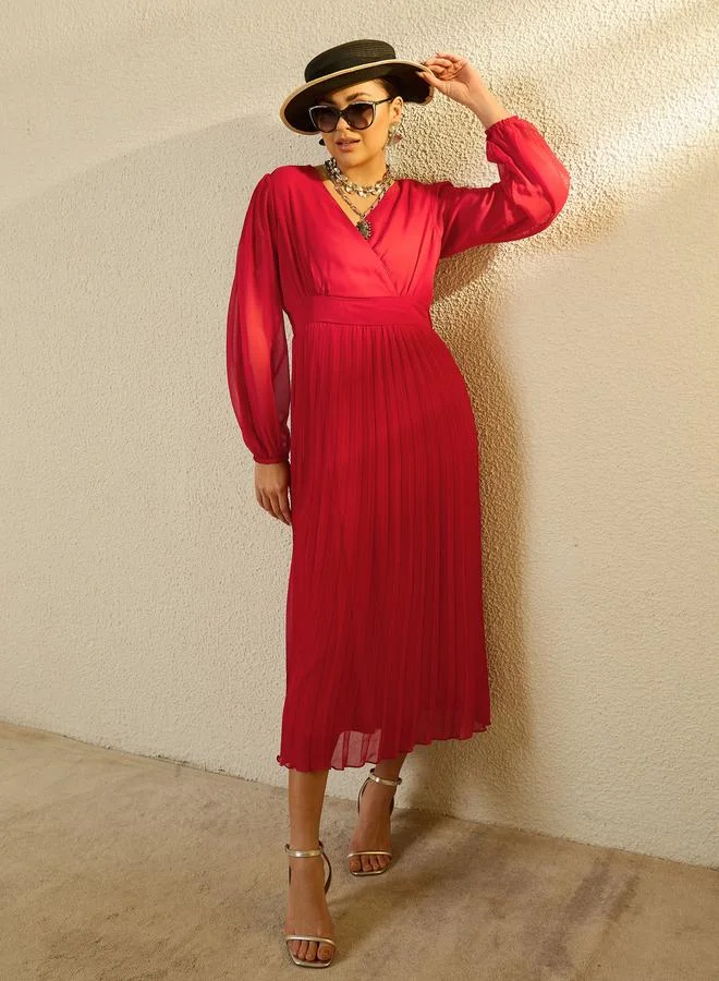 Sassafras red Red Balloon Sleeve Pleated Midi Dress for Women | Best Price UAE