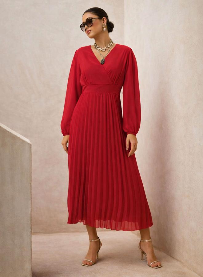 SASSAFRAS Red Balloon Sleeve Pleated Midi Dress - Image 1