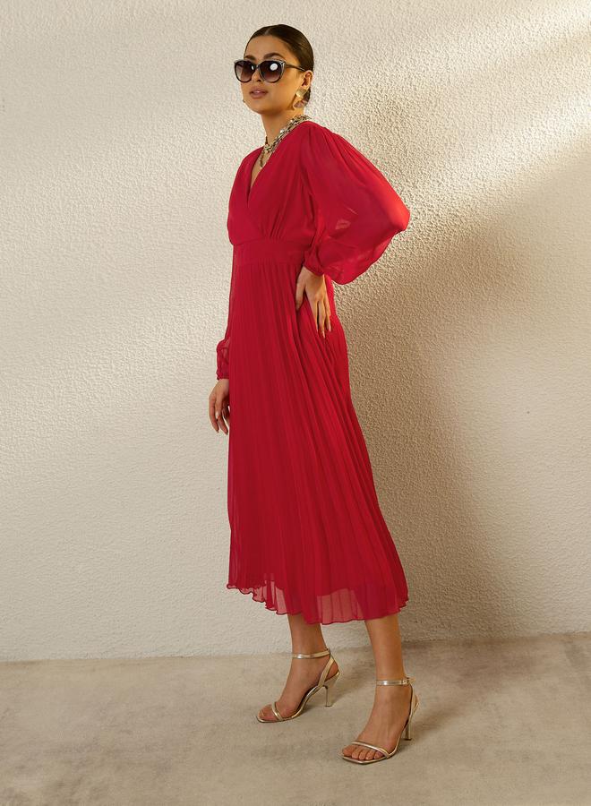 SASSAFRAS Red Balloon Sleeve Pleated Midi Dress - Image 3