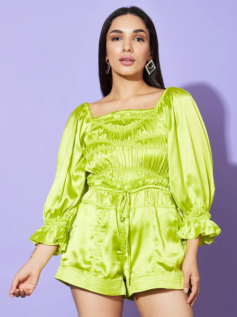 globus Globus Women Lime Green Square Neck Playsuit