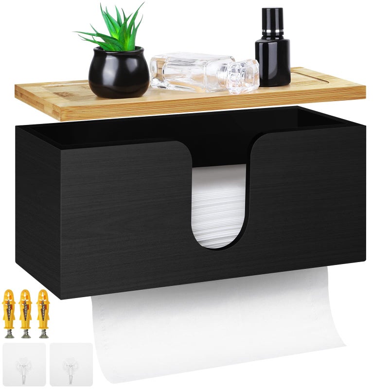 TURSTIN Wood Paper Towel Dispenser Folded Paper Towel Holder with Lid for Countertop and Wall Mounted Wall Mount Paper Towel Holder Napkin Holder for Home Bathroom Kitchen Black