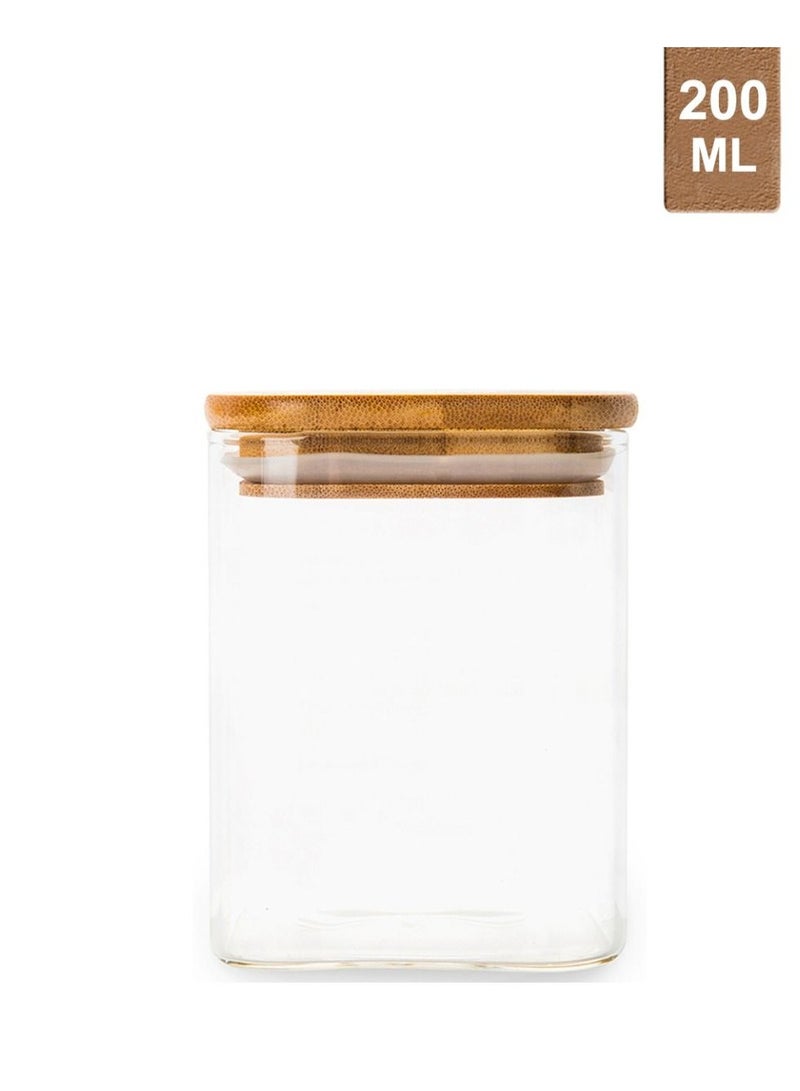 Homesmiths Honey Bee 200ML Multipurpose Airtight Square Glass with Bamboo Lid For Kitchen & Pantry - Image 1