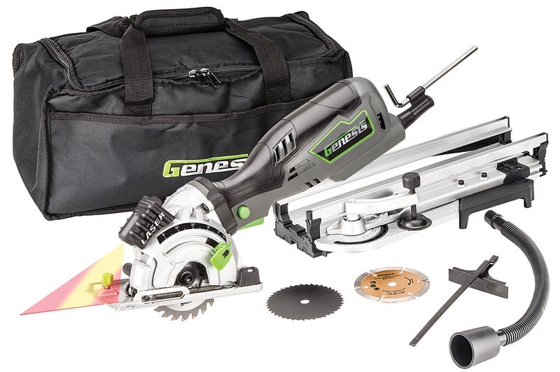 Genesis GPCS535CK 5.8 Amp 3 1/2â€ Control Grip Plunge Compact Circular Saw Kit with Laser, Miter Base, 3 Assorted Blades, Vacuum Adapter Hose, Rip Guide and Carrying Bag