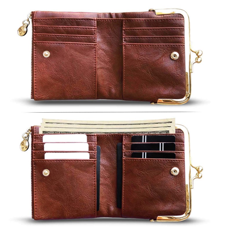 AOXONEL Womens Wallet Small Rfid Ladies Compact Bifold Leather Vintage Coin Purse With Zipper and Kiss Lock (Brown) - Image 2