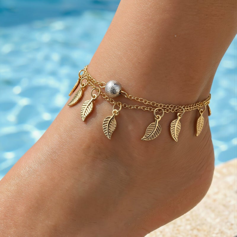 Ankle Bracelet Wide Size Adjustment Unisex Most Ankle Size Fit Leaf Charm Foot Jewelry - Image 4